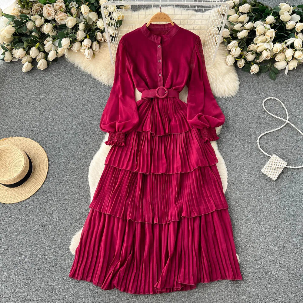 Aiertu Spring French Style Chiffon Long Dress 2023 Long Sleeve Single Breasted Fashion Belt Women A-Line Elegant Party Dress Aiertu