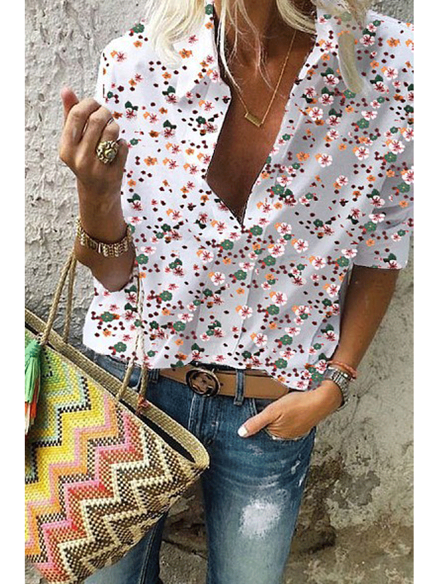 Floral print V-neck Long-sleeved Shirt