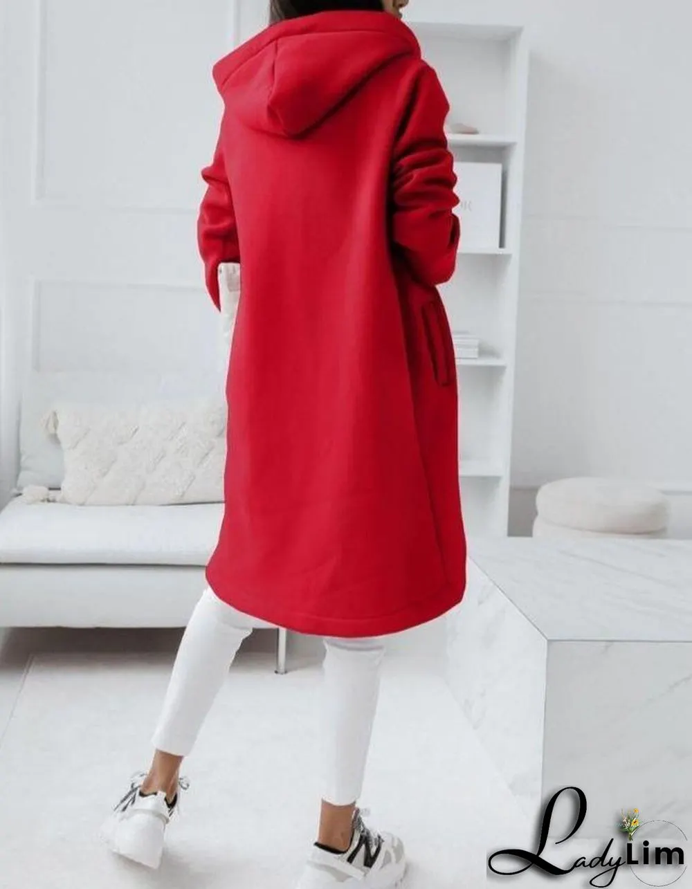 Engine Red Uneven Hem Zippered Hoodie Cardigan