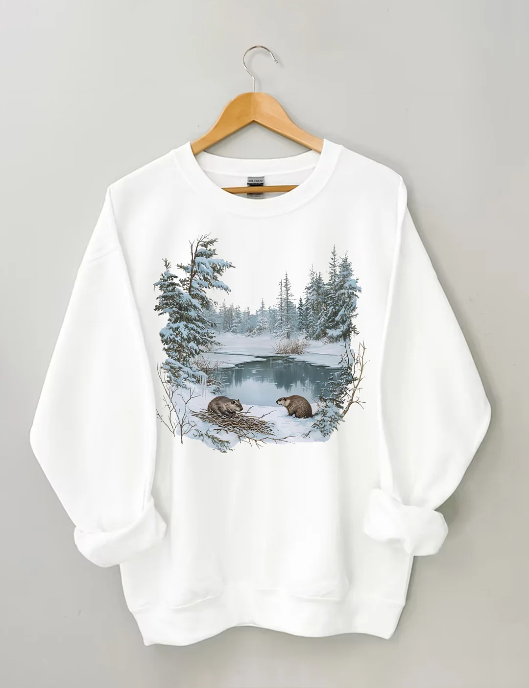 Beavers Winter Pond Snowy Scene Sweatshirt