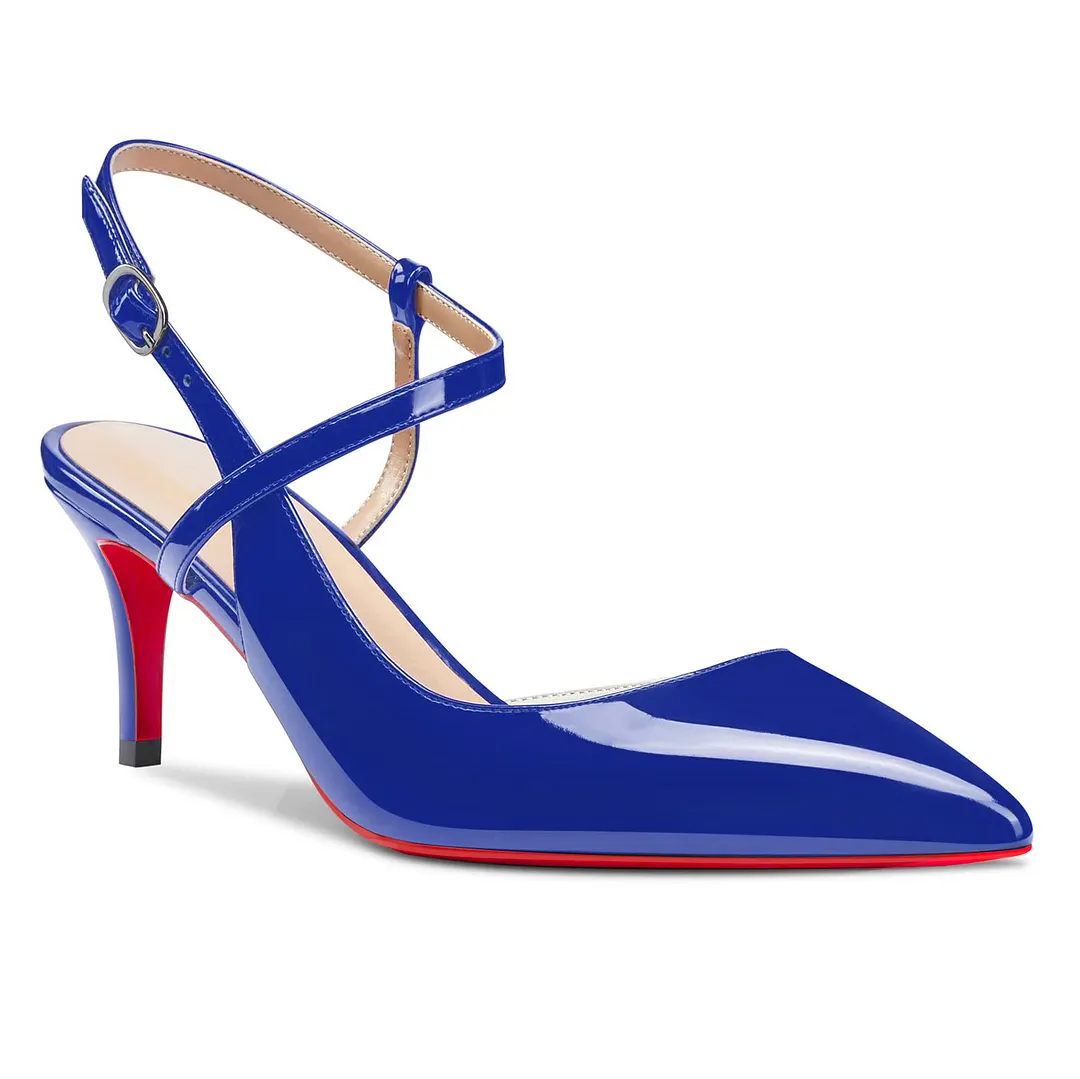 65mm Women Slingback Pumps Ankle Strap Jenlove Stiletto Mid Heel Close Pointed Toe Dress Red Bottoms Shoes-vocosishoes