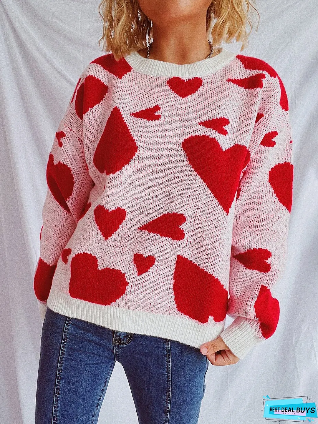 Heart Round Neck Long Sleeve Sweater