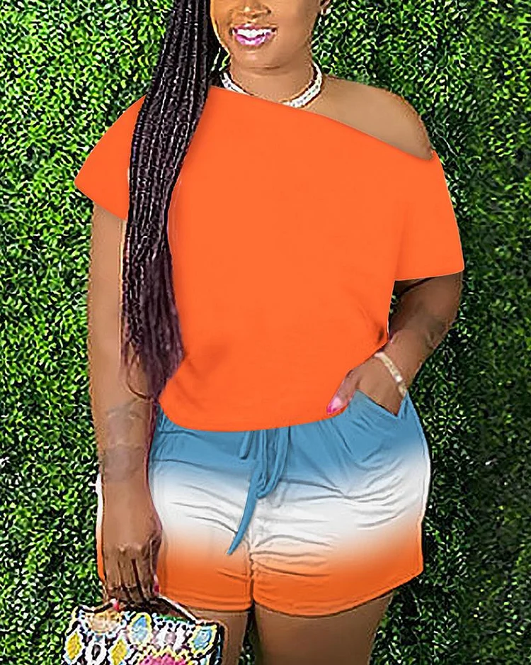 Ombre Print Casual Top & Drawstring Shorts Set