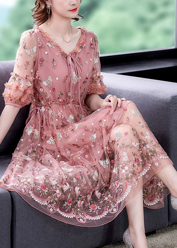 Bohemian Pink Ruffled Embroideried Exra Large Hem Tulle Cinched Dress Summer