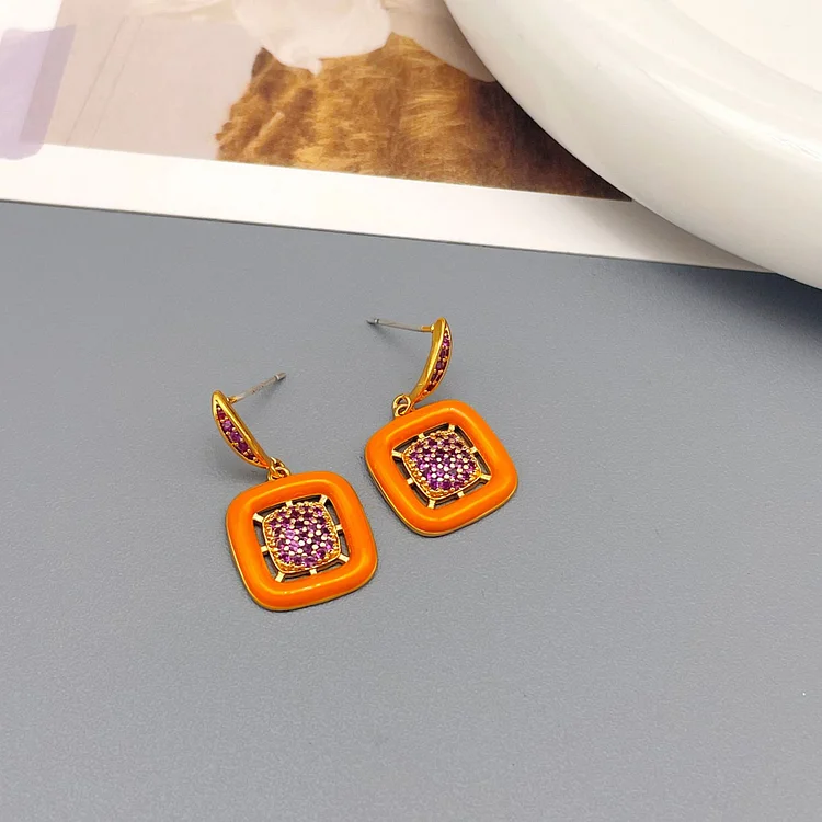 Geometric minimalist full diamond enamel earrings