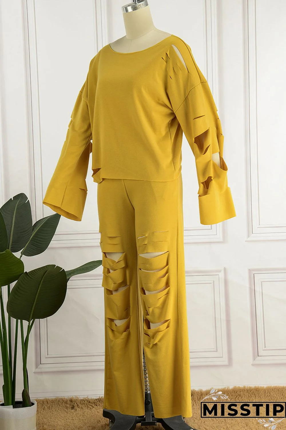 Yellow Casual Street Solid Ripped Hollowed Out Patchwork Oblique Collar Long Sleeve Two Pieces