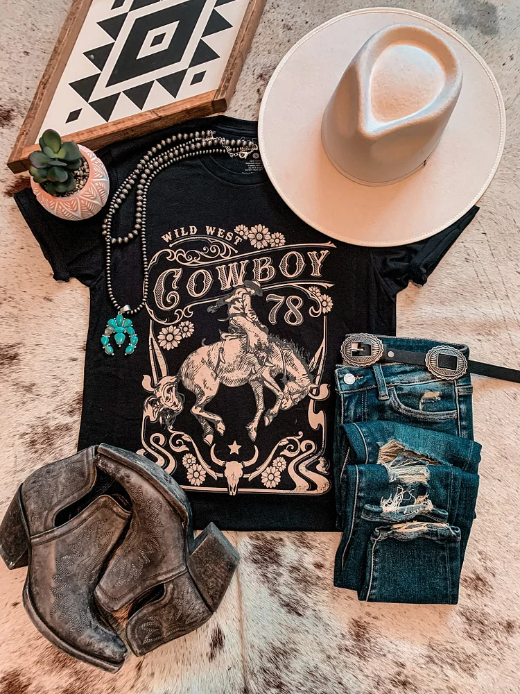 Wild West Cowboy Pattern Womens Cropped Fashion T-Shirt