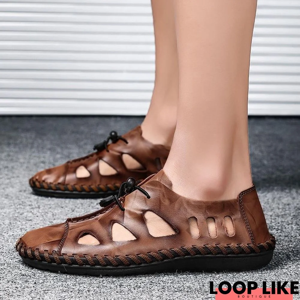 Men Breathable Genuine Leather Sandals Flats Fashion Casual Beach Shoes