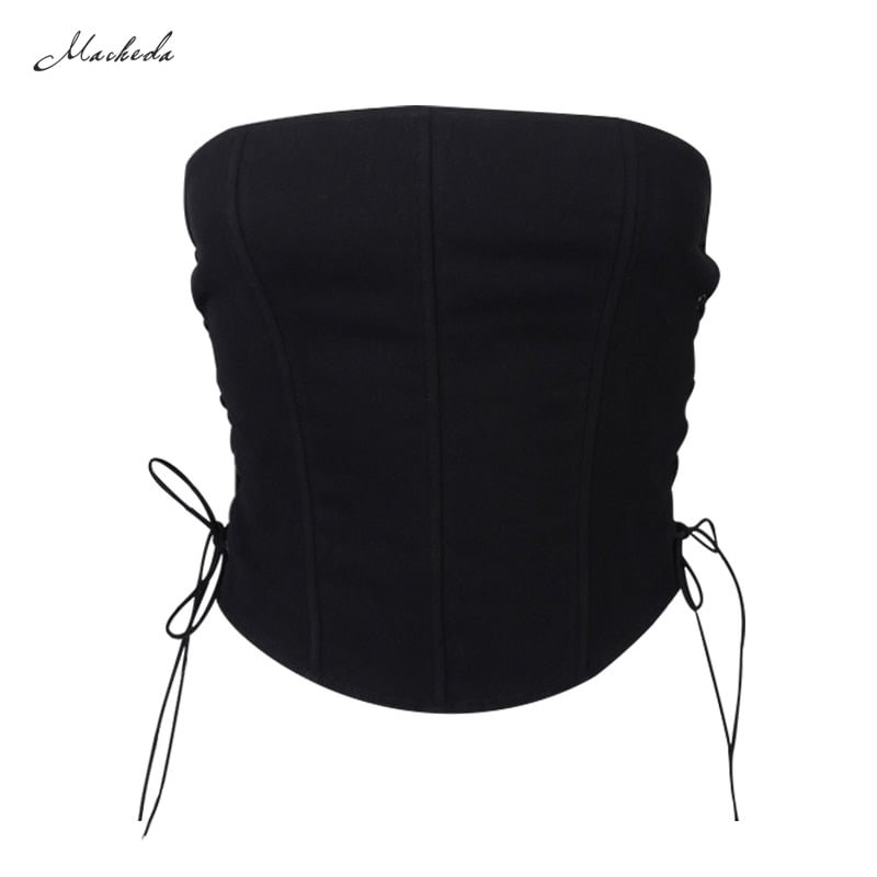 Macheda Black Slim Sexy Lace Up Crop Top Women Sleeveless Casual Fashion Clothing Street Lady Solid Tank Top 2020 New