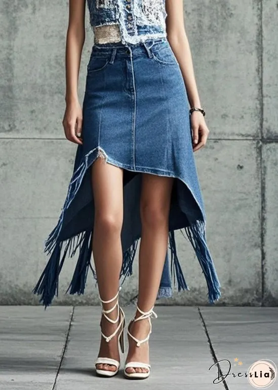 Style Blue Tasseled Asymmetrical Design Denim Skirt Fall