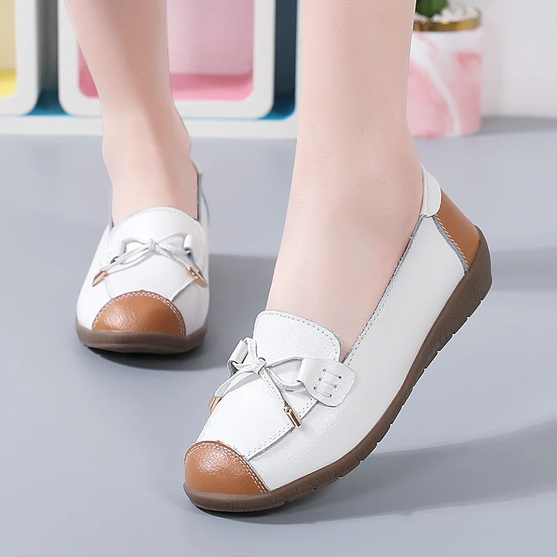 Qengg And Autumn New Women's Shoes Single Shoes Bean Shoes Comfortable Flat Shoes Bow Mother Shoes Flat Slope And Large Women's Shoes