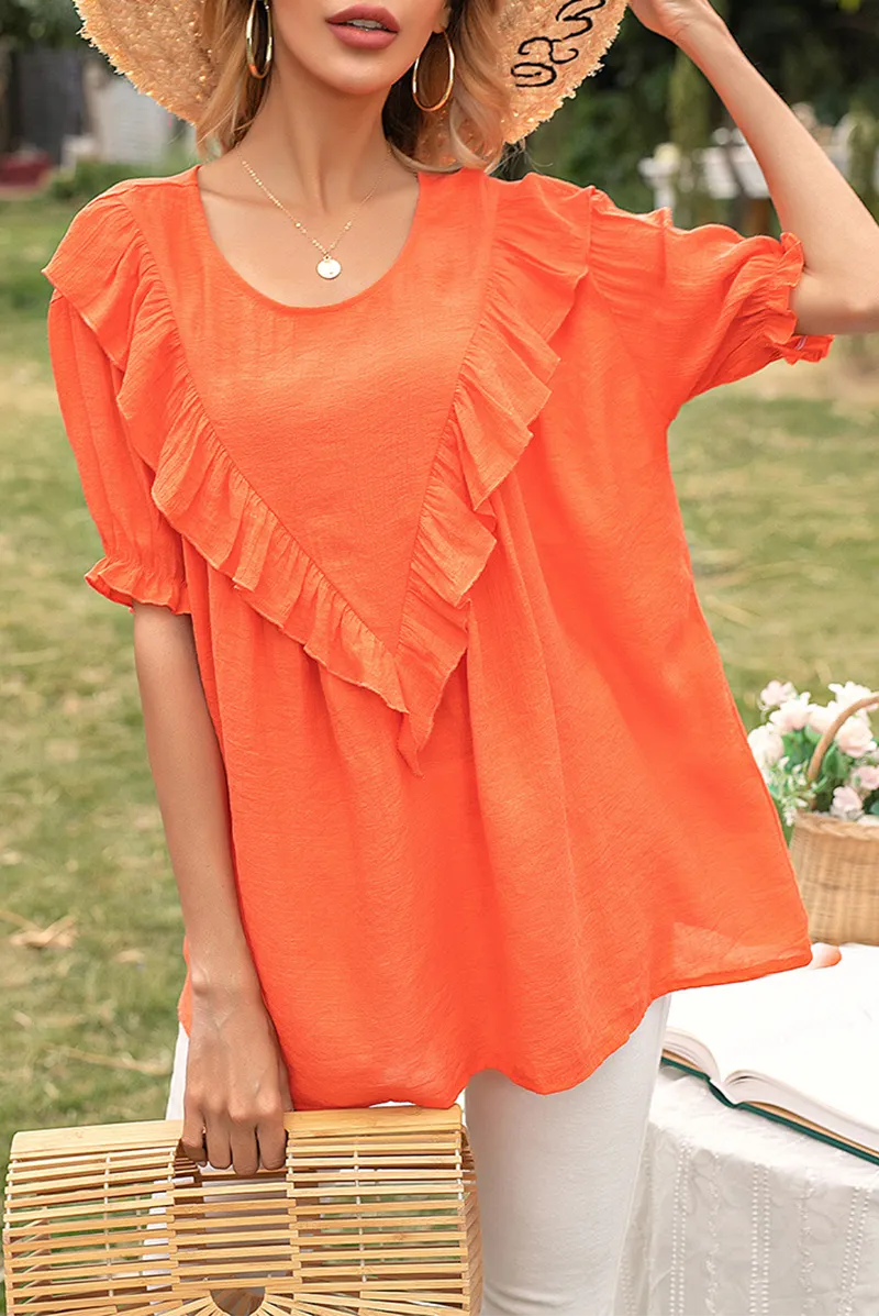 Elegant Solid Split Joint Flounce O Neck T-Shirts