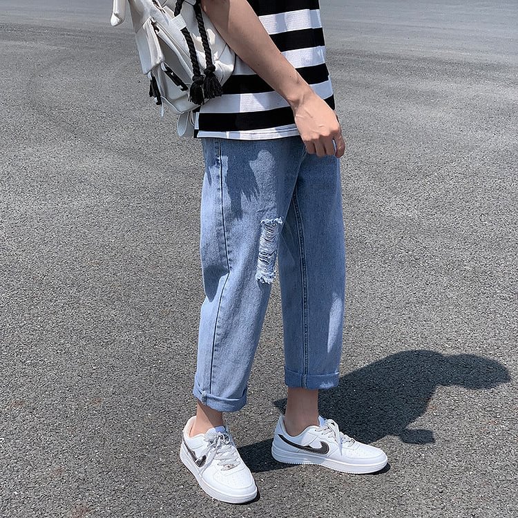 Summer Jeans Men's Large Size Sports Loose Straight Light Color Cropped Retro Pants Pants Men's Men Jeans