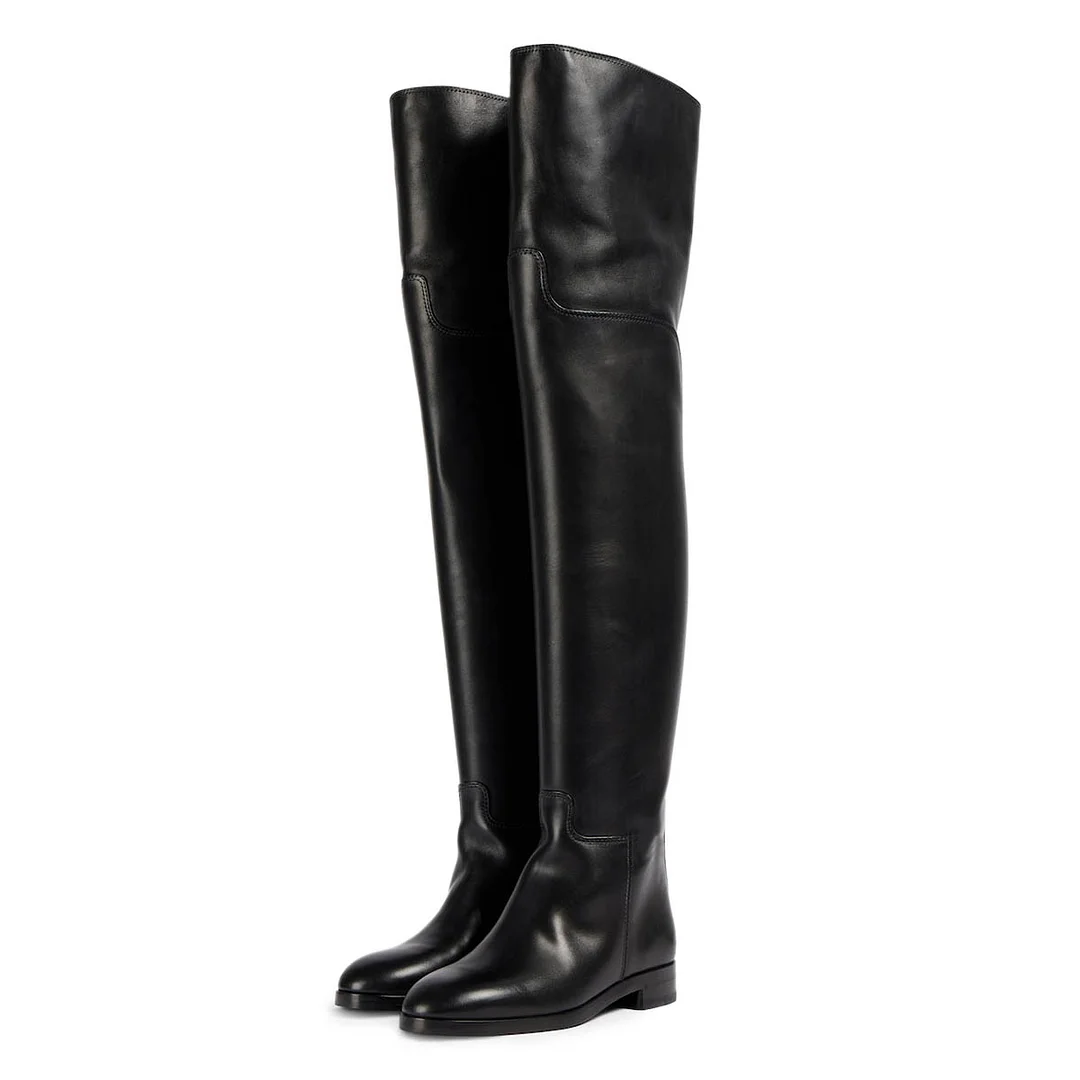 Black Round Toe Low Heel Wide Calf Thigh High Boots for Women