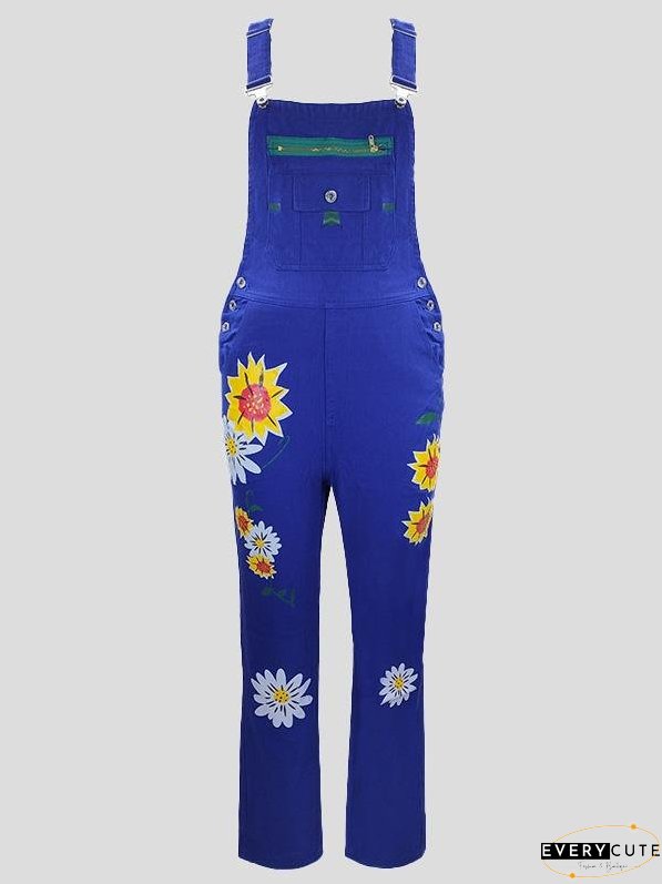 Jumpsuits Printed Pattern Pockets Denim Jumpsuit for Women