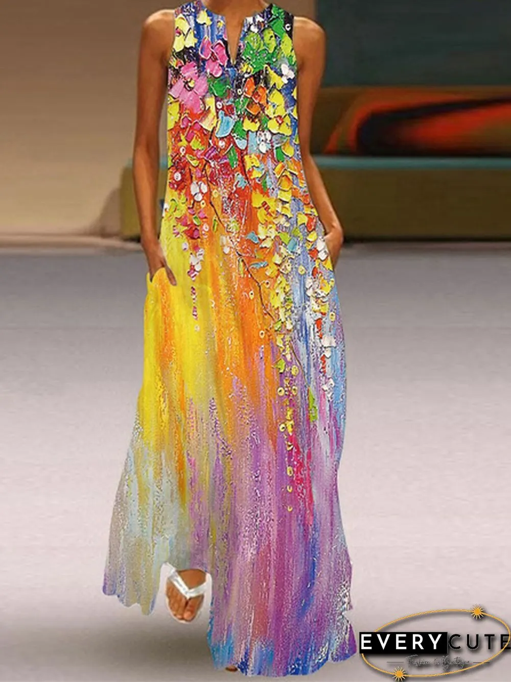 Casual Womens Fashion Sleeveless V-Neck Colorful Dress Vest Long Maxi Plus Size Beach