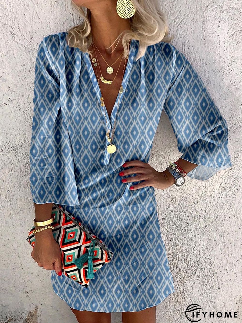 Geometric Long Sleeve V Neck Casual Dress | IFYHOME
