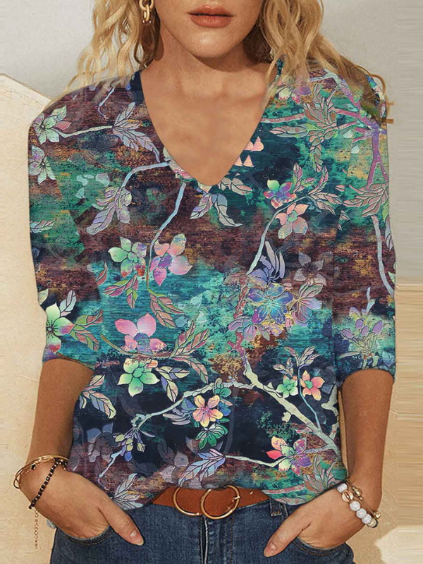 Womens Retro Vintage Blue Floral T-Shirts Light Weight V-Neck Long Sleeve Floral Print Tops S-5XL