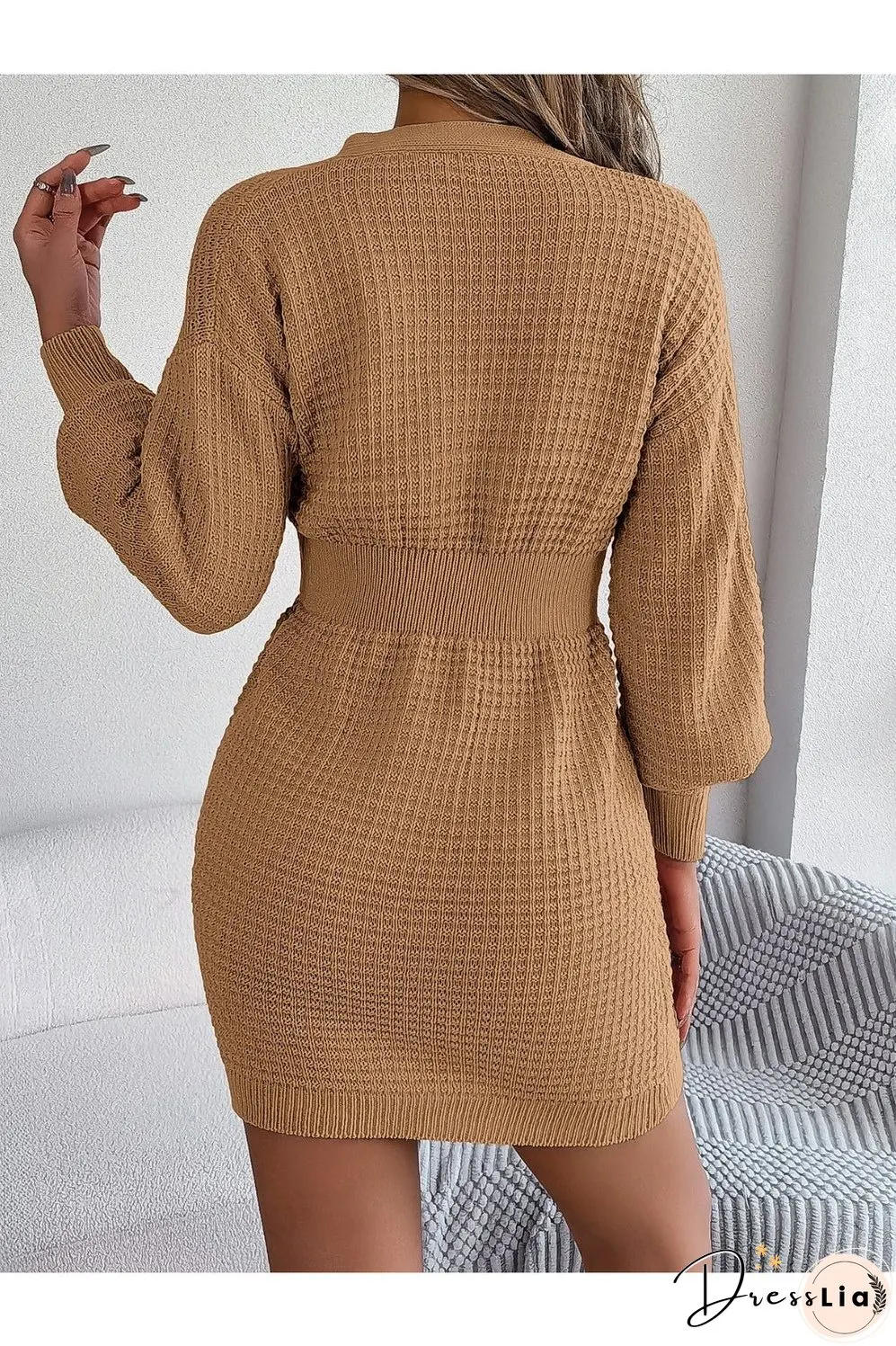 Buttoned Cable-Knit V-Neck Sweater Dress