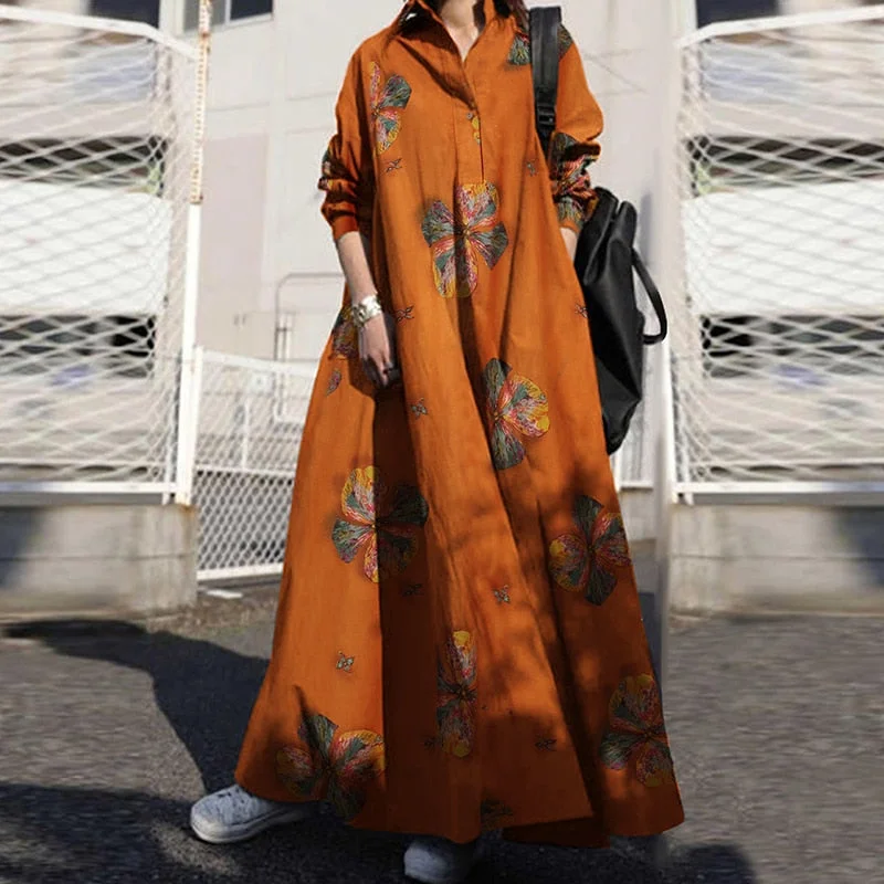ZANZEA Autumn Stylish Women Vintage Long Sleeve Loose Sundress 2022 Casual Long Maxi Dress Kaftan Femme Solid Party Vestido Robe