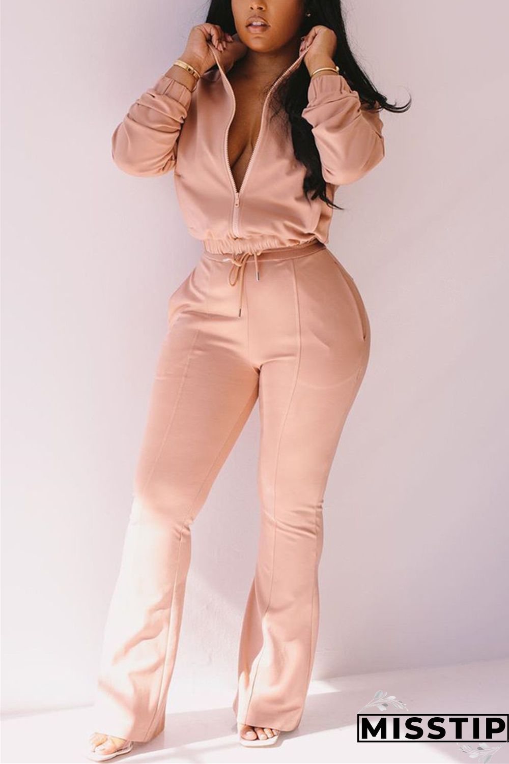 Light Pink Fashion Casual Long Sleeve Zipper Collar Regular Sleeve Regular Solid Two Pieces