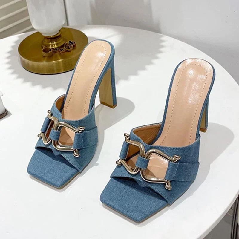 New Blue Denim Slippers Women Outdoor Mules High Heels Fashion Metal Buckle Designer Sandals Square Toe Ladies Shoes Size 35-41