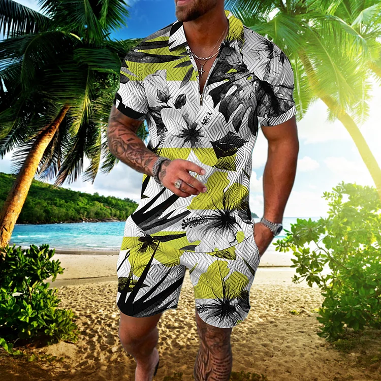 BrosWear Hawaiian Banana Leaf Polo Shirt And Shorts Co-Ord