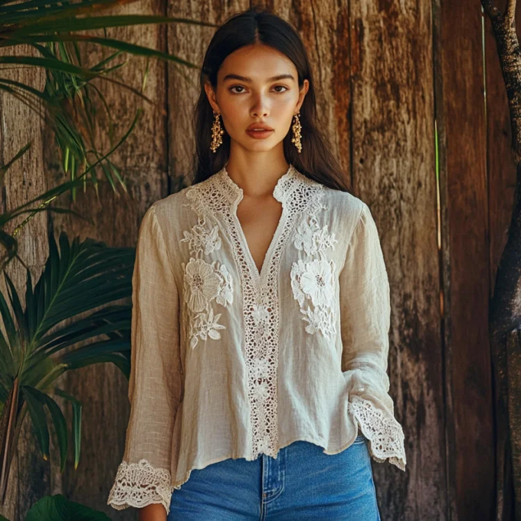Lunivibe Women's Retro Floral Lace Embroidery Art V-neck Shirt