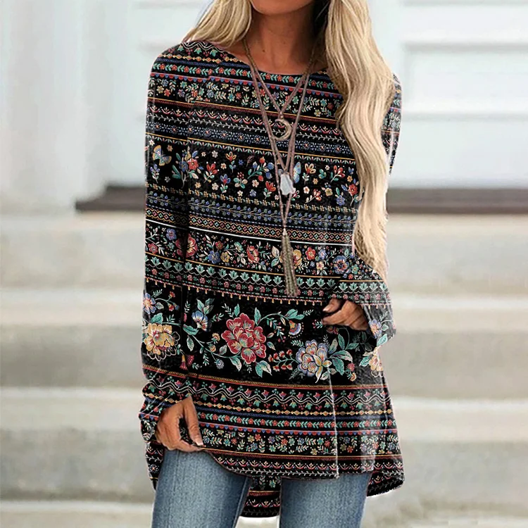Vefave Long Sleeve Vintage Floral Print Tunic