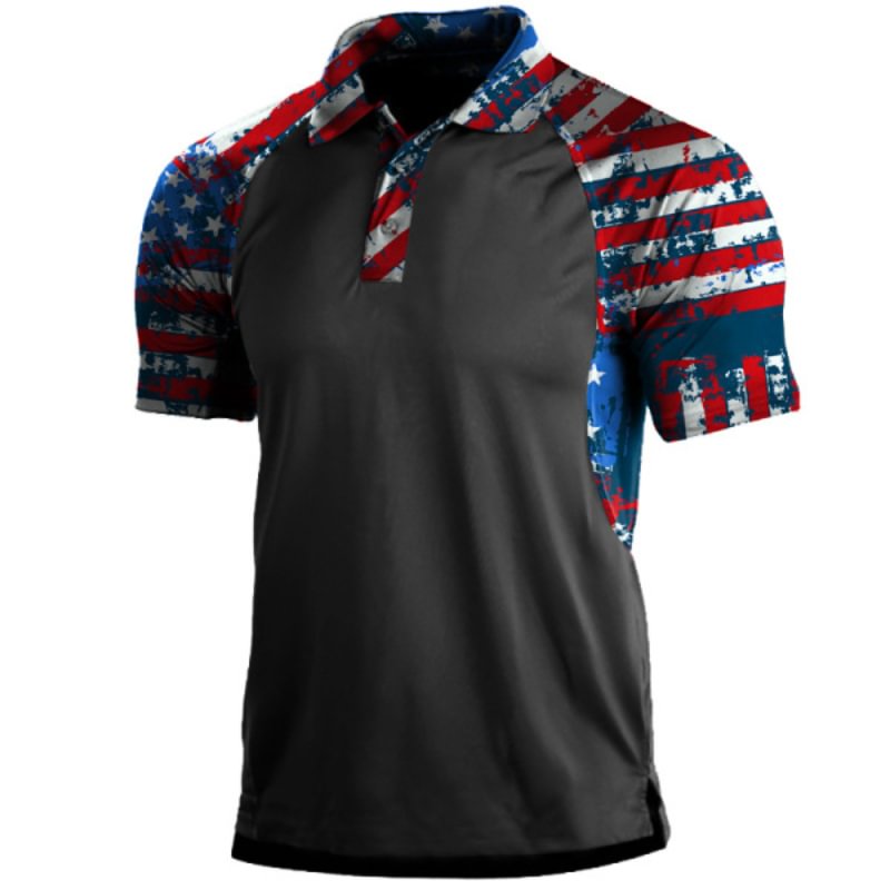 Men's Flag Print Patchwork Short Sleeve Polo Collar T-shirt