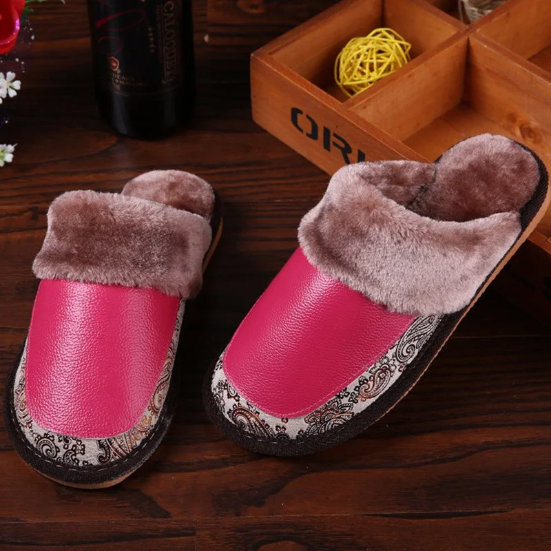 Genuine Leather Slippers Women Luxury Velvet Fur Slippers Pattern House Slippers Winter Indoor Slippers Living Soft Shoes Women