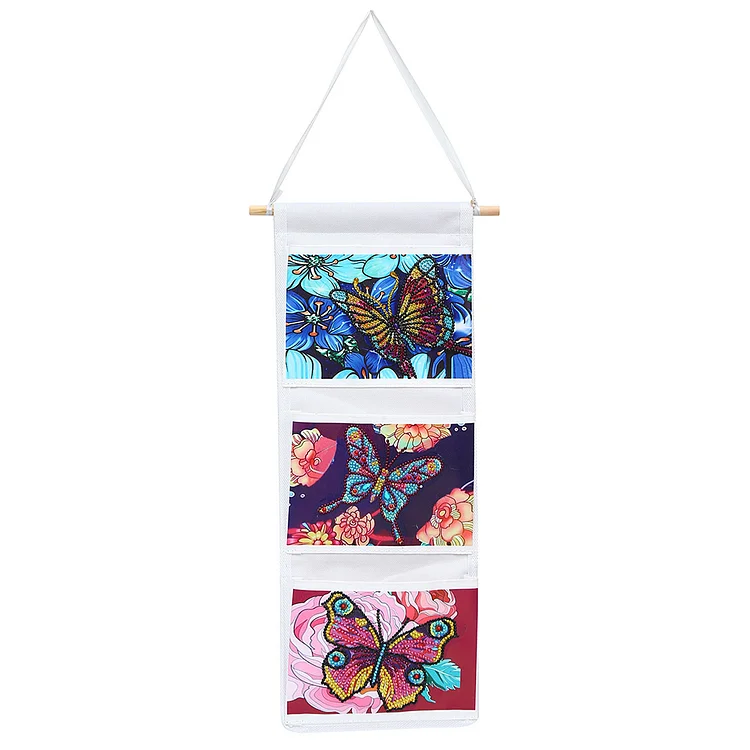 Butterfly Diamond Painting Wall Hanging Storage Bag 3 Pockets White (AA993)