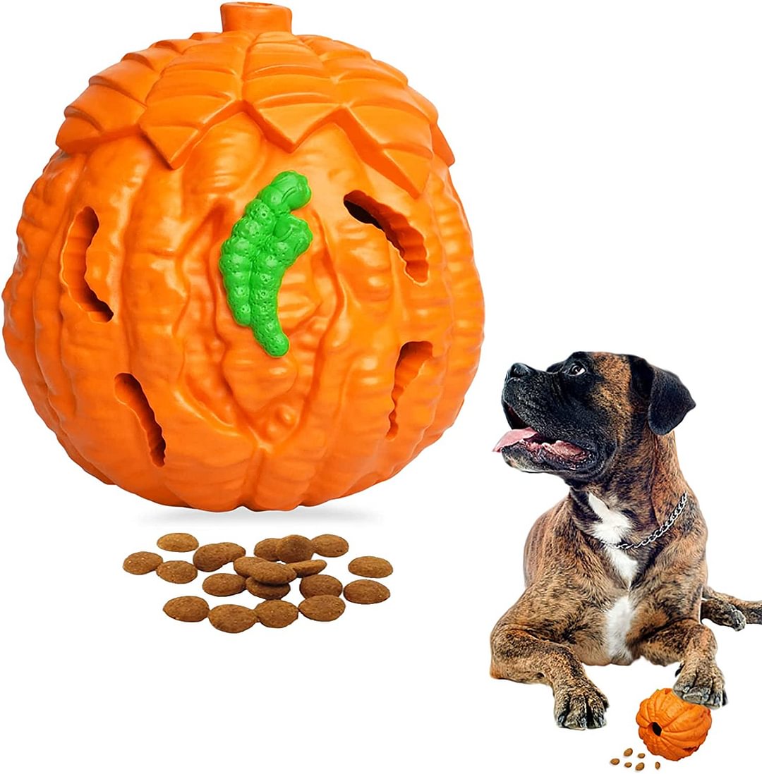 Round Pumpkin Treat Dispensing Dog Toys, Dog Treat Dispenser, Dog Chew Toys for Aggressive Chewers, Dog Puzzle Toys, Dog Stimulation Toys, Natural Rubber Dog Toy for Medium Large Dogs