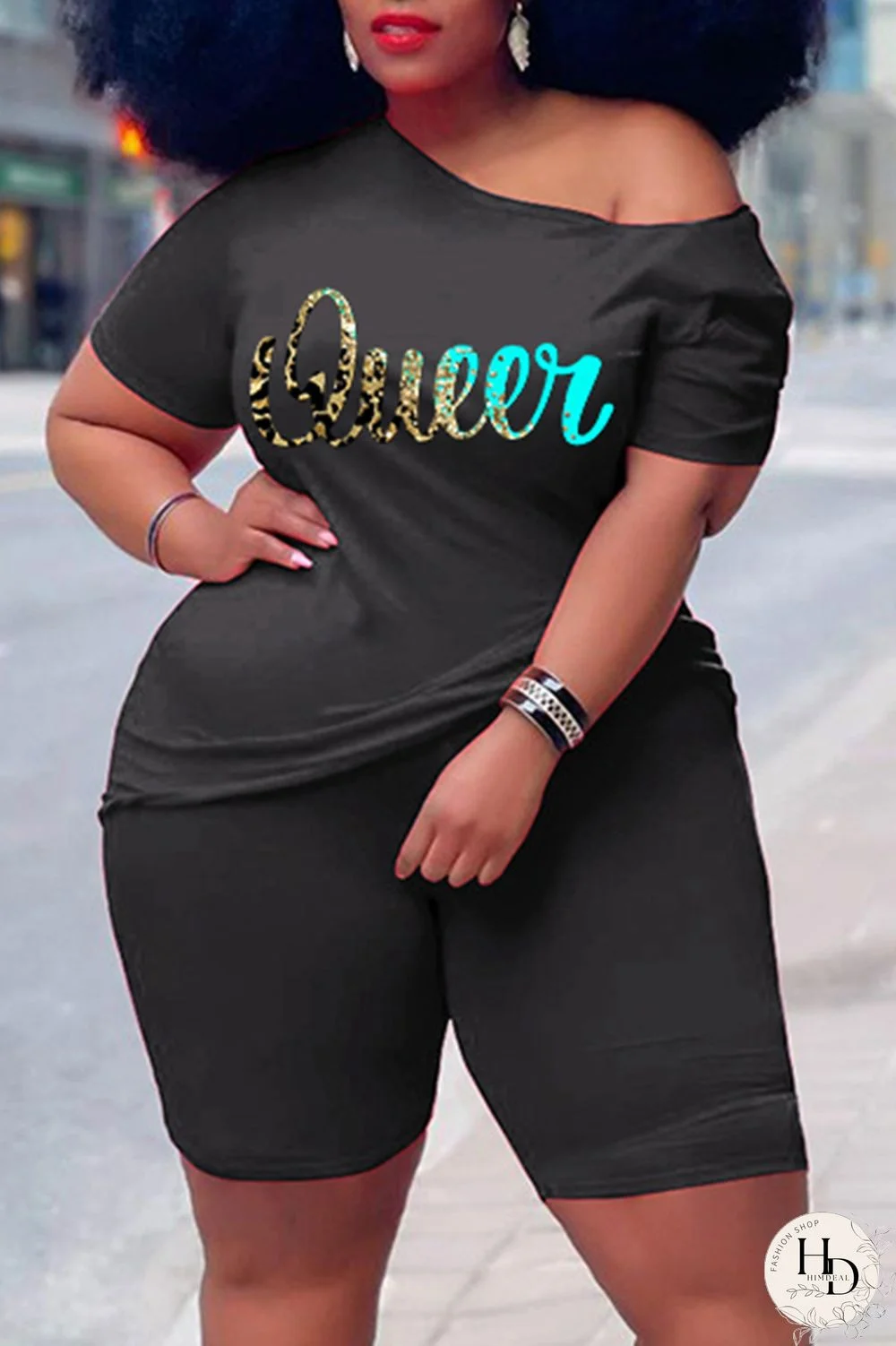 Rose Red Casual Print Basic Oblique Collar Short Sleeve Two Pieces