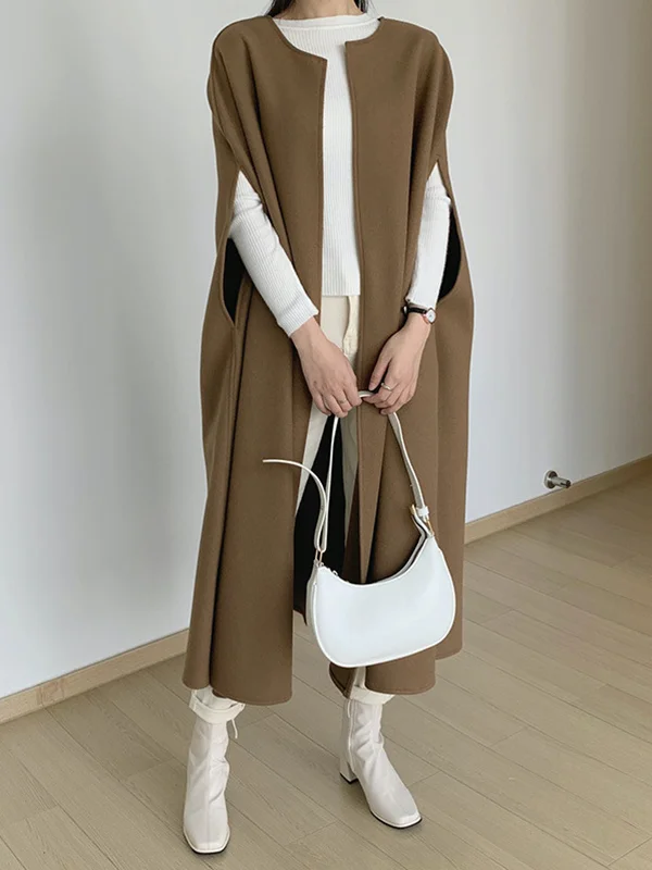 Loose Sleeveless Solid Color Round-Neck Cape Outerwear