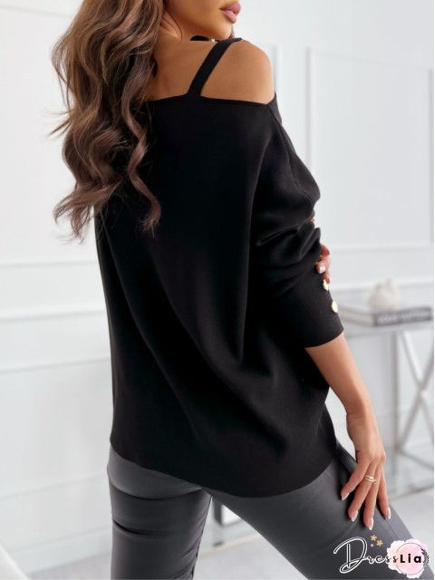 T-Shirts Boat Neck Off Shoulder Button Long Sleeve T-Shirt for Women
