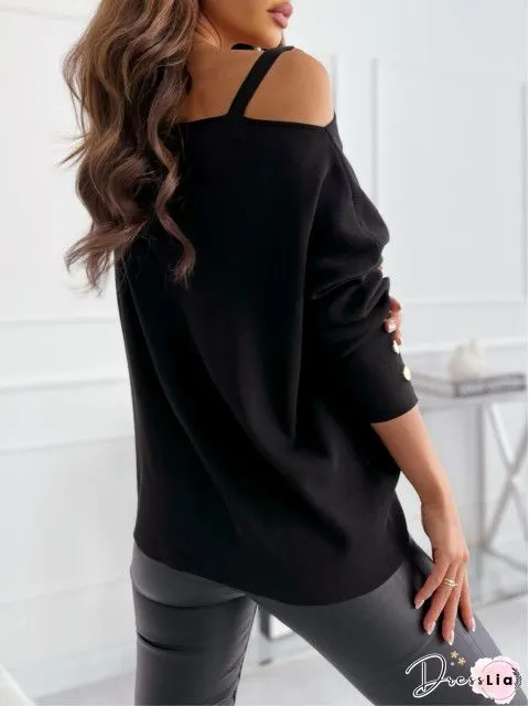 T-Shirts Boat Neck Off Shoulder Button Long Sleeve T-Shirt for Women