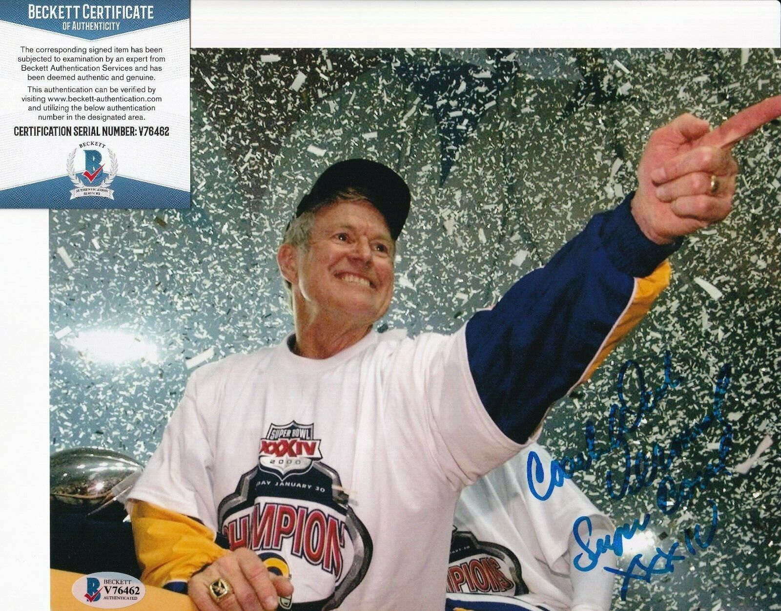 DICK VERMEIL signed (ST LOUIS RAMS) Football 8X10 Photo Poster painting BECKETT BAS V76462