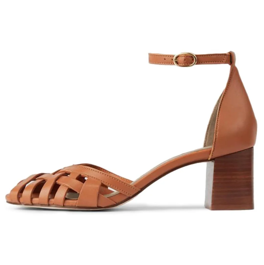 Brown Woven Detail Peep Toe Ankle Strap Chunky Heeled Sandals