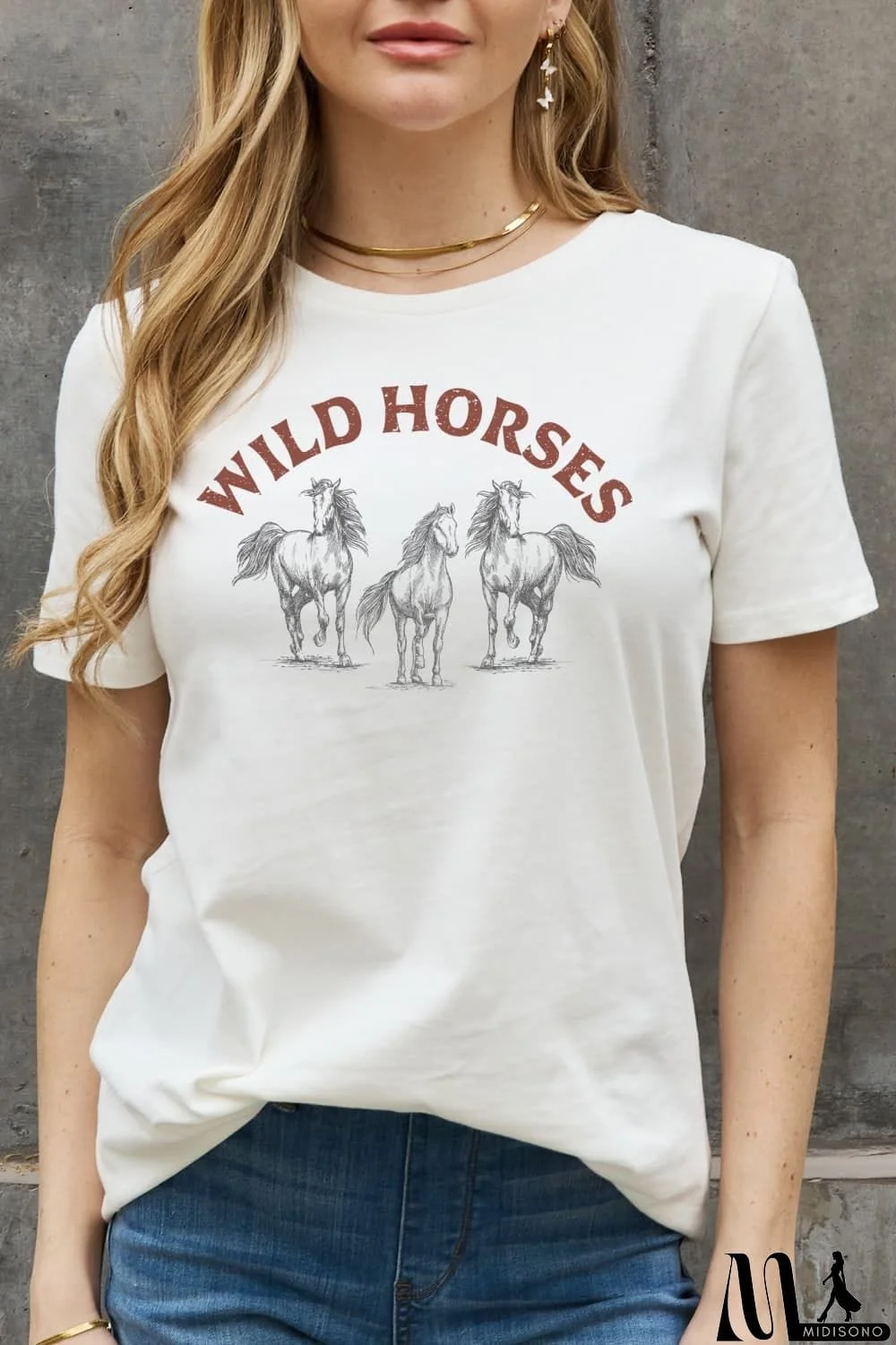 MidiSono - Simply Love WILD HORSES Graphic Cotton T-Shirt