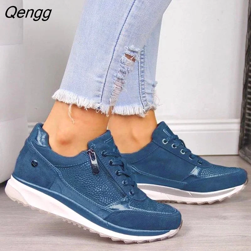 Qengg Casual Shoes 2023 New Fashion Wedge Flat Shoes Zipper Lace Up Comfortable Ladies Sneakers Female Vulcanized Shoes 304-1