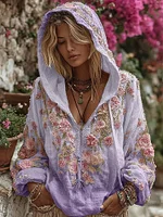 Classic Bohemian Style Pink Rose Vintage V-neck Hoodie - Image 5