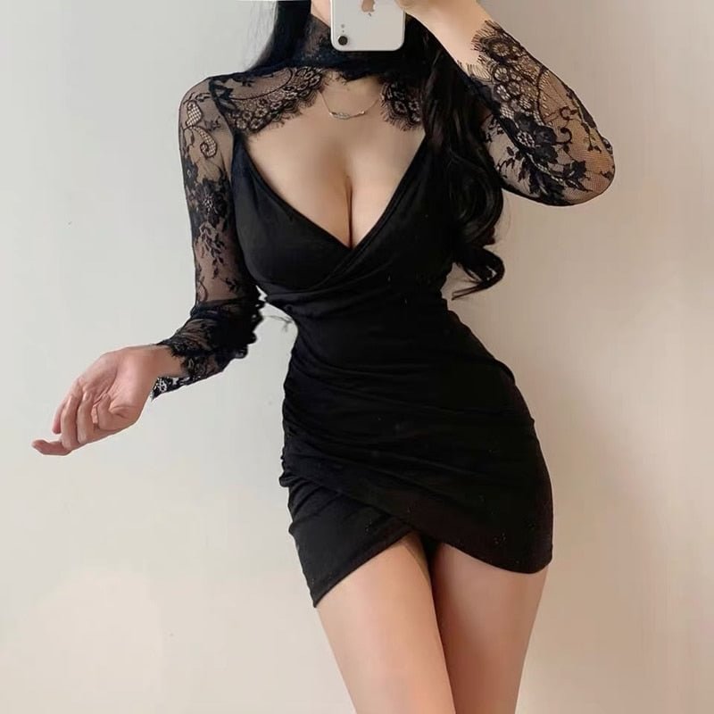 Black Lace Panel long sleeve dress female sexy deep V low chest tight package hip dress nightclub Party Dress Mini dress backles