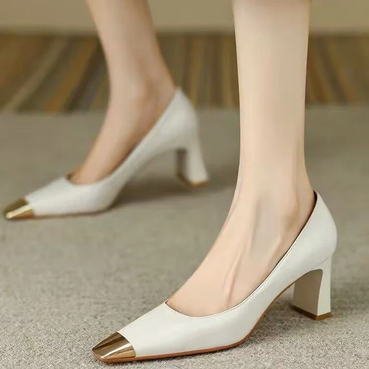 Churchf Churchf Shoes Korean Version Thick With Niche Design Metal Head Square Head Temperament Socialite Shallow High-Heeled Shoes Four Seasons Shoes