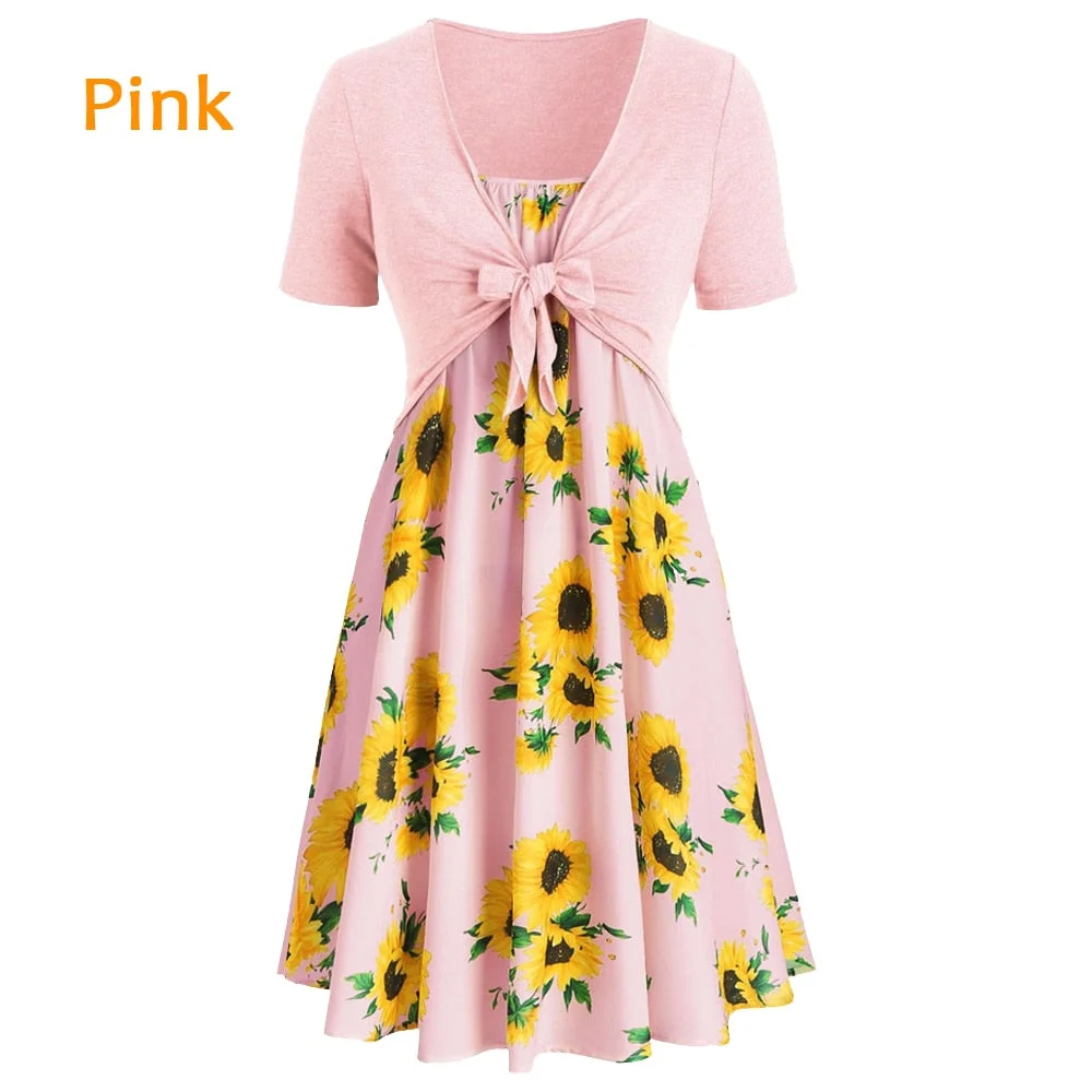 Women Sunflower Mini Dress Summer Vintage Short Sleeve Plus Size Female Dress Two Piece Suit Bandage Women Party Dress Vestidos