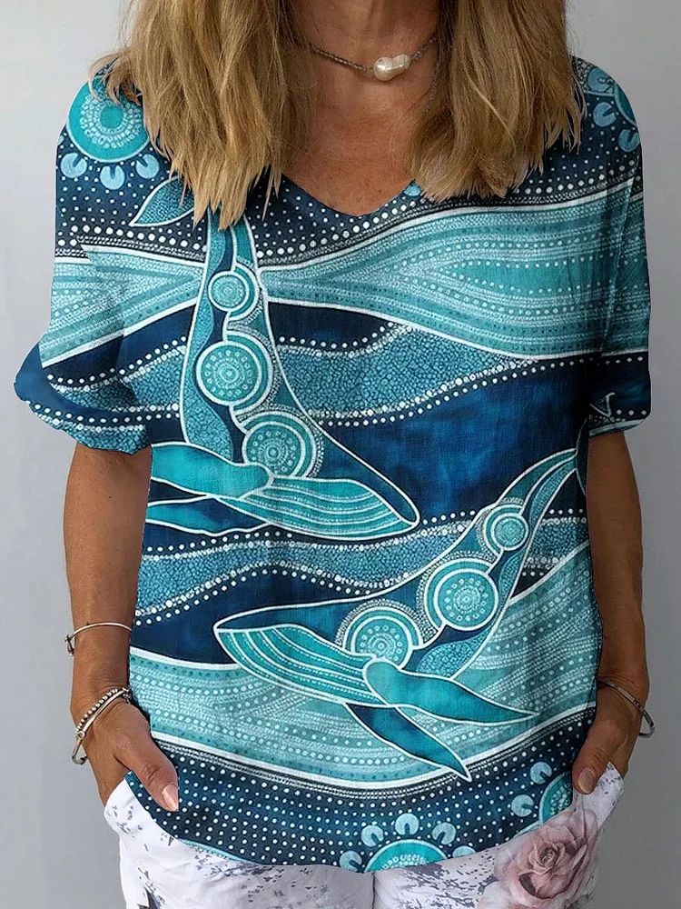 Women's Vintage Ocean Fish Art Print Casual Cotton And Linen Shirt