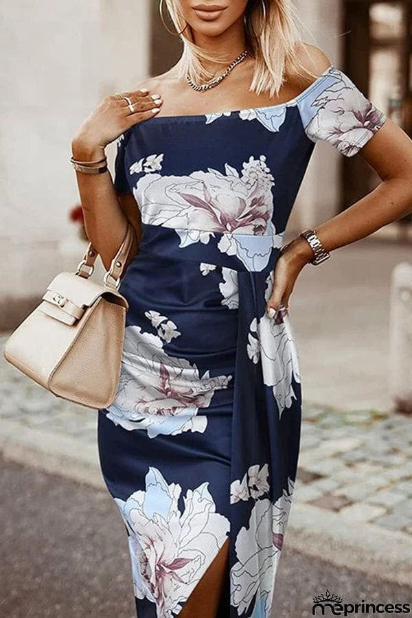 Moxidress Off Shoulder Short Sleeve Bodycon Printed Dress