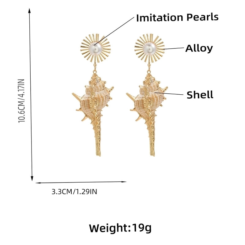 1 Pair Elegant Hawaiian Vacation SUNFLOWER (Jz001) Conch Inlay Alloy Imitation Pearl Shell Drop Earrings