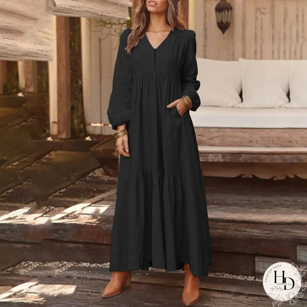 Zanzea Damen V Neck Langarm Kleid Maxikleid Bequem Weiche Plain Vintage Strandkleid