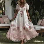 Women's Floral Roses Art Print Flowy Linen Blend Casual Short Sleeve Maxi Dress - Image 2